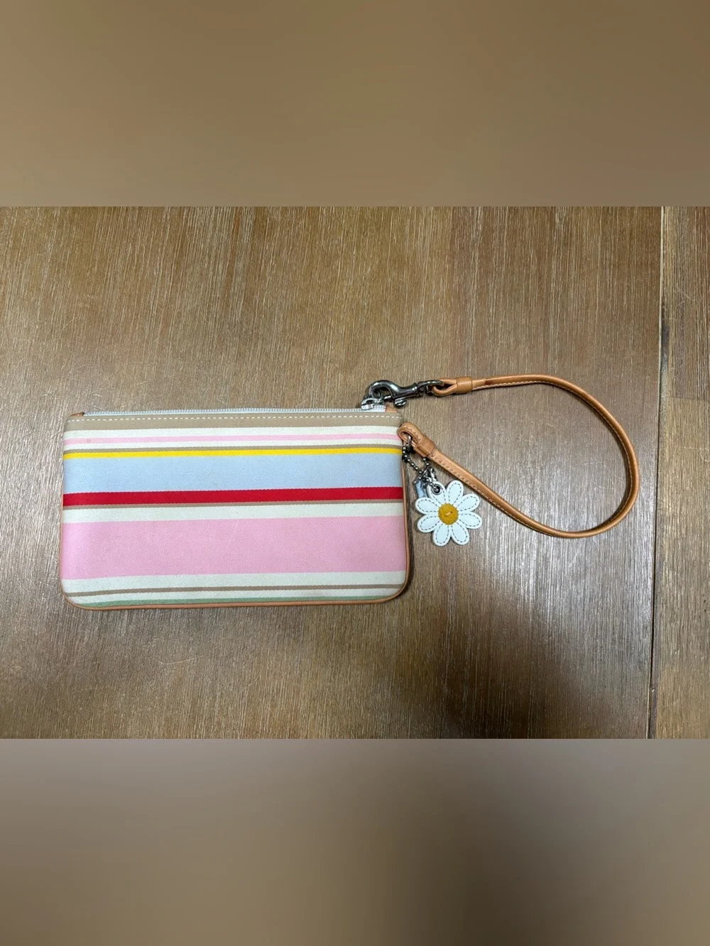 Coach Pink & Multicolor Stripe Wristlet with Daisy Charm